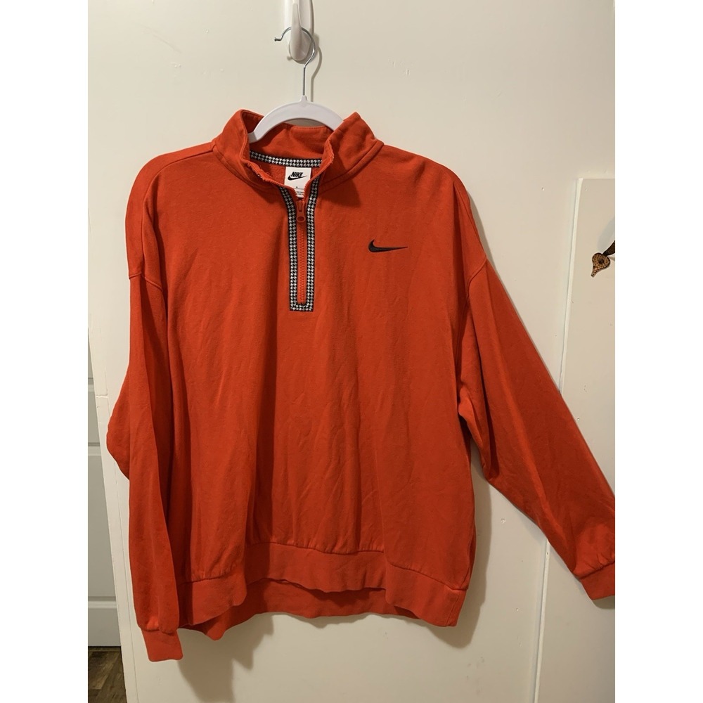Nike Mens Orange Houndstooth Quarter Zip Pullover Sweatshirt Swoosh Logo Medium